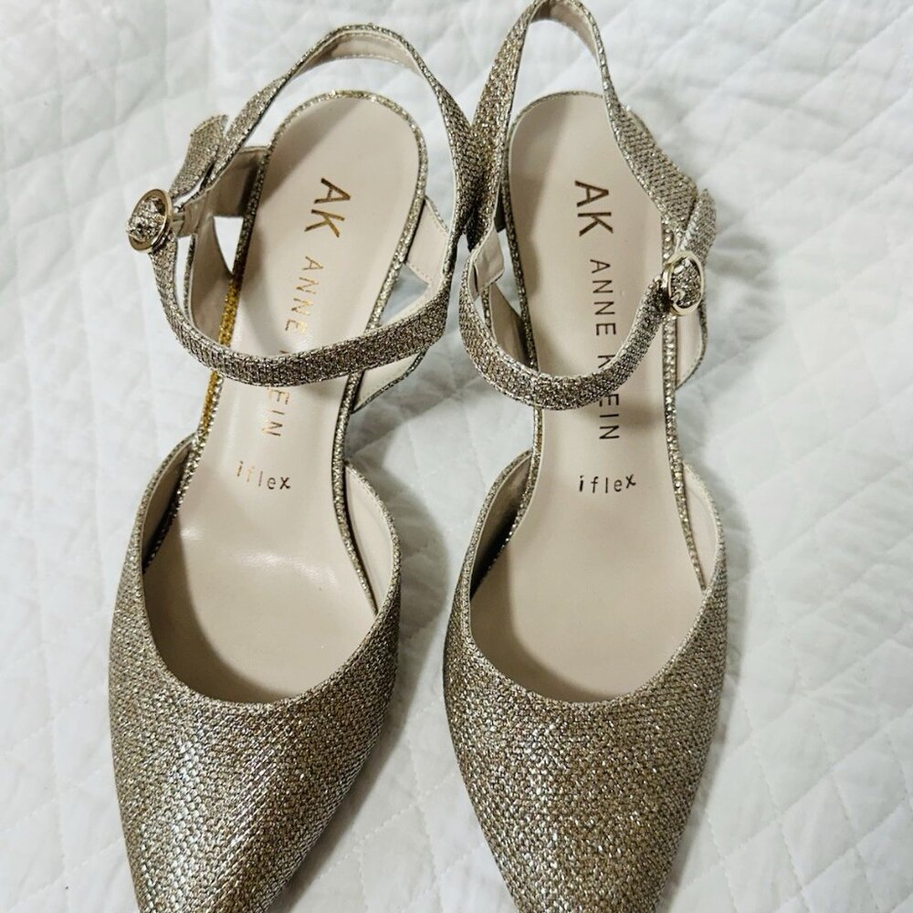 Anne Klein Glitter Ankle Strap Stiletto Pump Gold Pointed Toe Synthetic - Picture 3 of 4